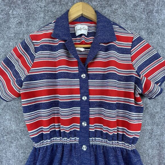 Vintage Jennifer Gee Dress Womens 14 Blue Red Collared 70s Schoolgirl Academia - Picture 2 of 9